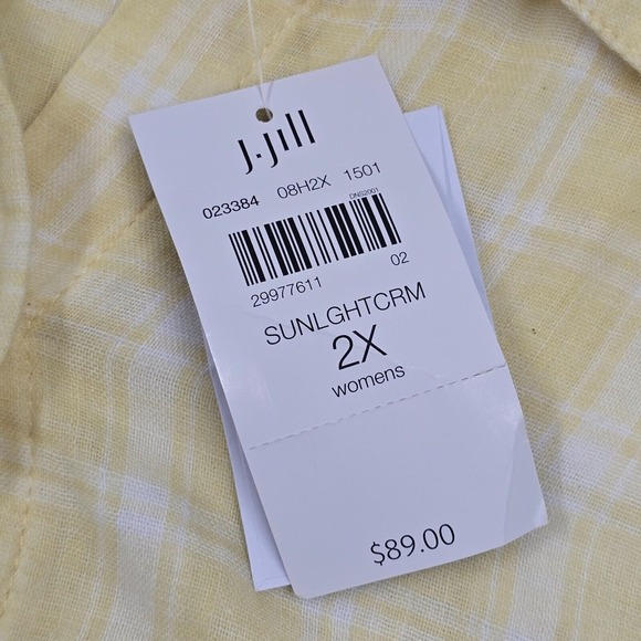J Jill Shirt Women 2X Yellow White Plaid Button Roll Tab Sleeve Beachy Coastal‎ - Picture 5 of 11